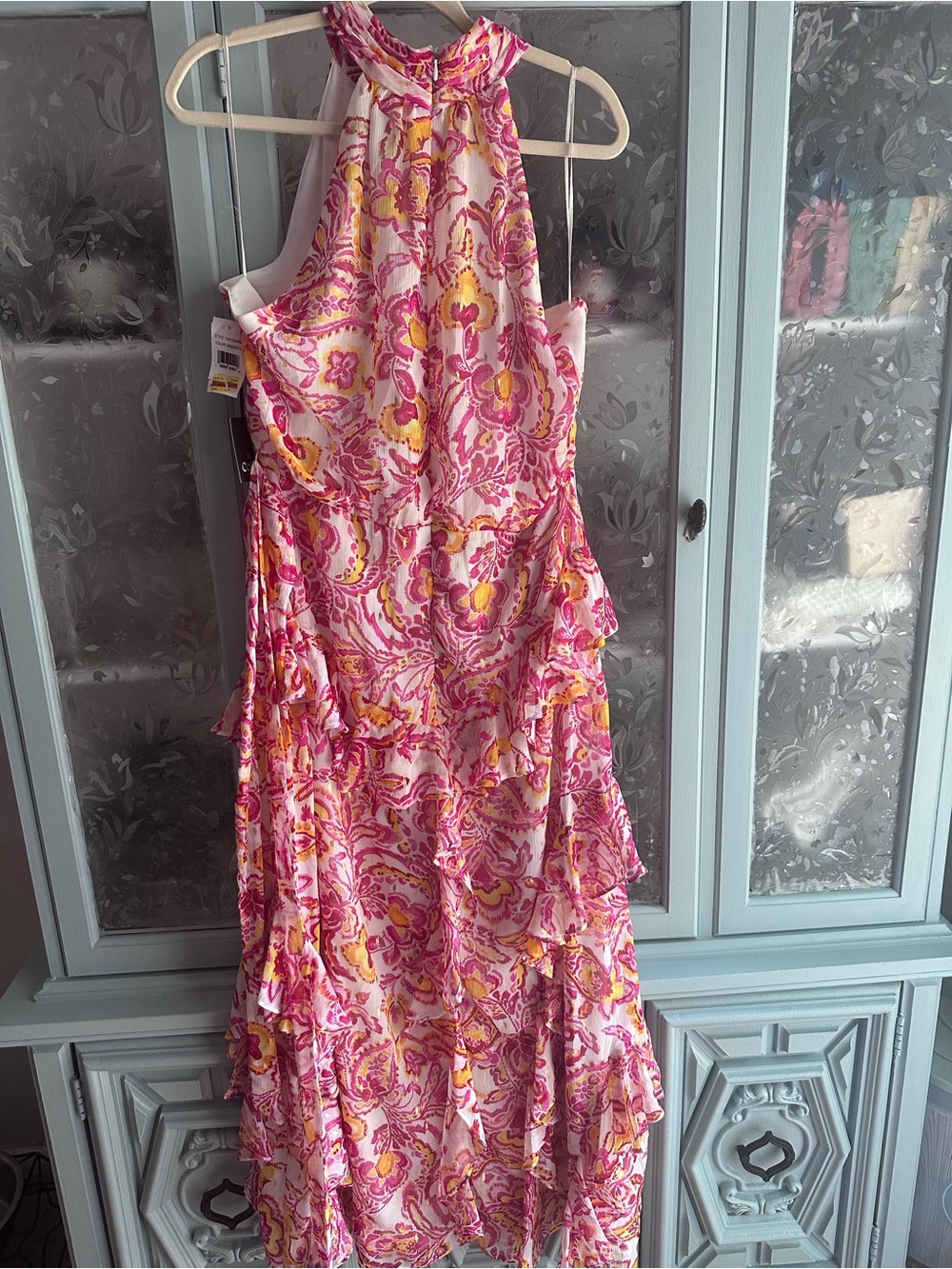 CeCe Pink and Yellow Paisley Tiered Halter Maxi Dress - Picture 6 of 7